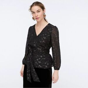 J Crew Tie Waist V Neck Metallic Dot Jacquard Black Blouse Size Small